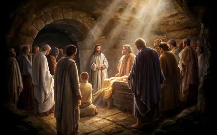 imagem arafada de um grupo de pessoas em volta de um homem deitado em uma cama, Inside the tomb of Jesus, dentro do sepulcro, por Kurt Roesch, obra-prima de luz brilhante, Greg Olsen, por Scott Gustafson, por Harrington Mann, inside a tomb, Jon Mcnaughton,...