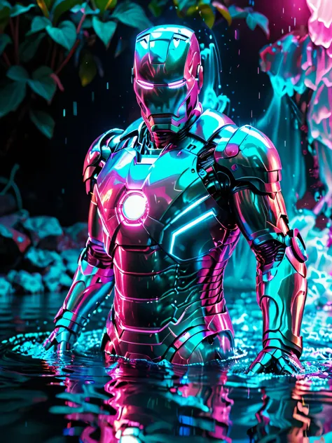 glowneon, Silver Iron Man, emitting liquid light vibrant blue and pink, brightly coloured glowing water, cinematic film still, neon vaporwave background, water everywhere,