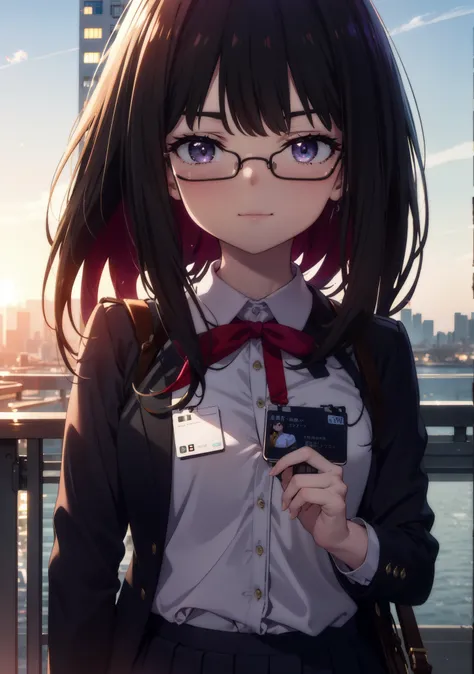 takinainoue, inoue takina, long hair, bangs, black hair, (purple eyes:1.2),OL, red glasses, end, black suit jacket, collared jacket, white dress shirt, collared shirt, neckline, button, strap, ID card on neck, 黒のペンシルskirt, black pantyhose,stiletto heels,mo...