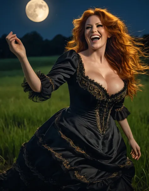 masterpiece 8k, high detailed picture (realism), of 45yo redhead woman, full body picture, dancing and laughing outside a grass ...