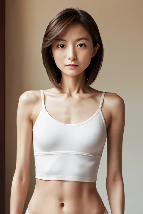 Masterpiece, high quality, high resolution, 8K, Skinny Japanese woman, age 30s, short stature woman, slender physique, ((very thin waist)), fleeting atmosphere, brown bob hair, white top and bottom underwear, detailed skin, detailed eyes, detailed face, co...