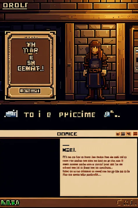 Make pixel art of a dialogue screen with an NPC in the corner looking at the screen