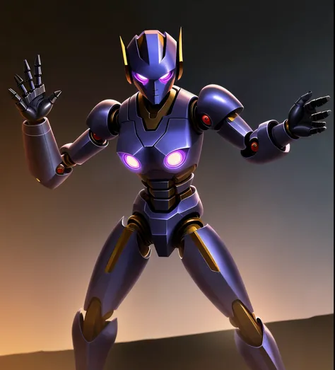 Evening background, black iron robot, doll robot, high performance, high quality, armed, sharp armed, thick armor, eyes purple, glowing purple, sharp eyes, rogue robot, sky in background,