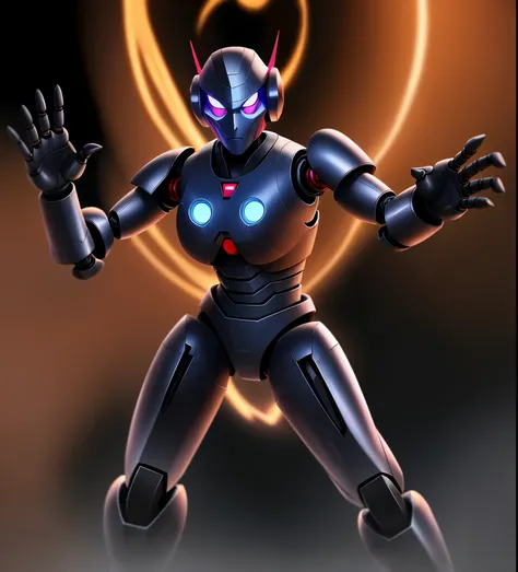 Evening background, black iron robot, doll robot, high performance, high quality, armed, sharp armed, thick armor, eyes purple, glowing purple, sharp eyes, rogue robot, sky in background,