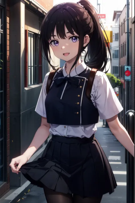 Takiuchi Kame, check it out, long hair, bangs, black hair, (purple eyes:1.2),ponytail,happy smile, smile, open your mouth,
Blue sailor suit,青色プリーツskirt,black pantyhose,brown loafers,happy smile, smile, open your mouth,skirt,morning,morning日,the sun is risi...