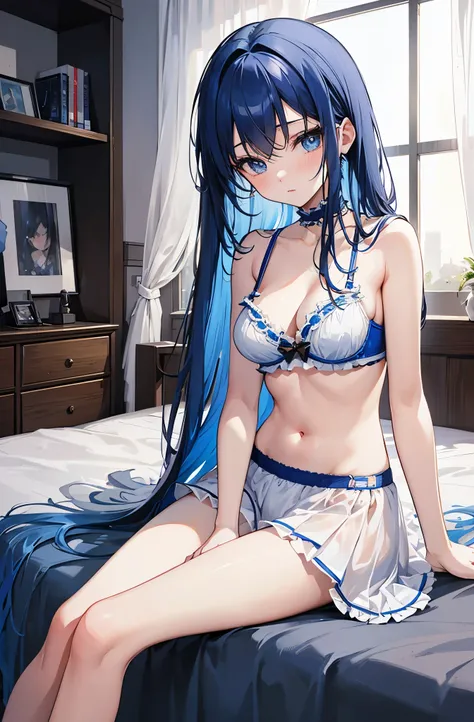 ８K, highest quality, masterpiece, super detailed、bright blue hair、medium long hair、full lips、blue eyes、Bedroom、cute underwear、Underwear with frills、sitting sideways、Gymnasium sitting、begging pose、blush、on the bed、medium breasts