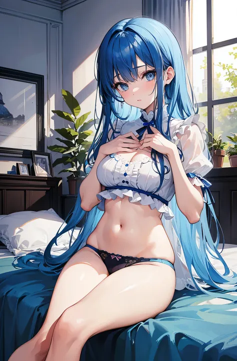 ８K, highest quality, masterpiece, super detailed、bright blue hair、medium long hair、full lips、blue eyes、Bedroom、cute underwear、Underwear with frills、sitting sideways、Gymnasium sitting、begging pose、blush、on the bed、medium breasts