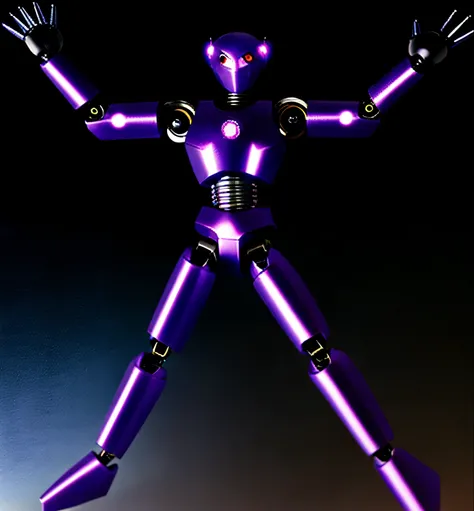 Evening background, black iron robot, doll robot, high performance, high quality, armed, sharp armed, thick armor, eyes purple, glowing purple, sharp eyes, rogue robot, sky in background,