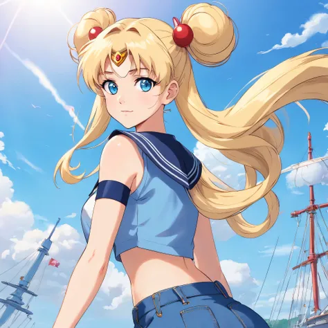 Adult woman blonde long hair with two buns tied to two high pigtails sky blue eyes face identical to Serena Tsukino character from the Sailor Moon anime dressed in a short top and jeans with black ankle boots and a bag 