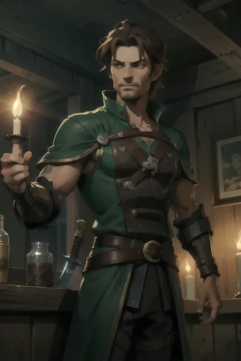 (brom, fantasy artwork:1.2), 1 man, in a tavern, stand up, stoic, brown hair, leather, green eyes, sword on back (atmosphere), coherent, continuity, epic, sharp lines, (brushed colors) in a tavern, warm candle light
