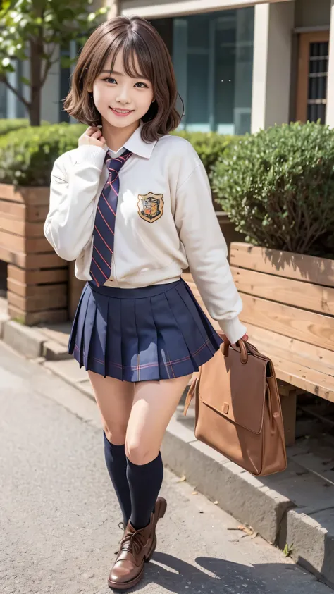 ((full body shot))、realistic,photorealistic,Super detailed,perfect shading,shiny skin,Big eyes、long eyelashes、Neat and clean hairstyle、smile、open your mouth、school life,,girl,light smile,schoolyard、inner thigh、spread legs、black knee high socks、brown loafer...