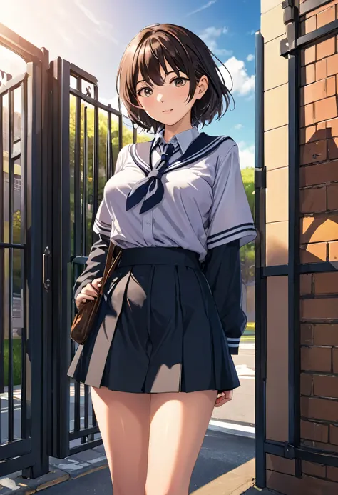 25 year old female, mature woman, ((At the school gate)), ((school uniform)), Raw photo, (photorealistic: 1.37, realistic), Highly detailed unified CG 8K wallpaper, 1 girl, (((perfect body: 1.1)), (medium breasts: 1.2), looking at the viewer, (((straight f...