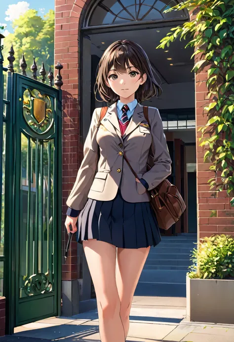 25 year old female, mature woman, ((At the school gate)), ((school uniform)), Raw photo, (photorealistic: 1.37, realistic), Highly detailed unified CG 8K wallpaper, 1 girl, (((perfect body: 1.1)), (medium breasts: 1.2), looking at the viewer, (((straight f...