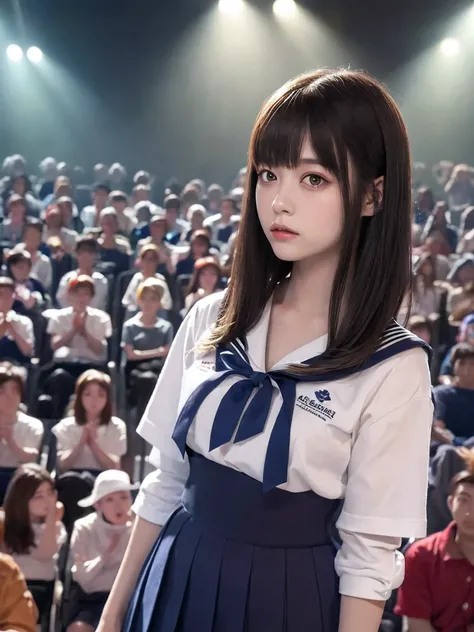 White base with purple-red sailor suit、tulle skirt、23 years old, perform on stage, concert photos, cute core、(bob hair)、(((watching the audience)))、ribbon on head、（Natural and detailed face standing、beautiful and detailed eyes、beautiful and dense lips、very...