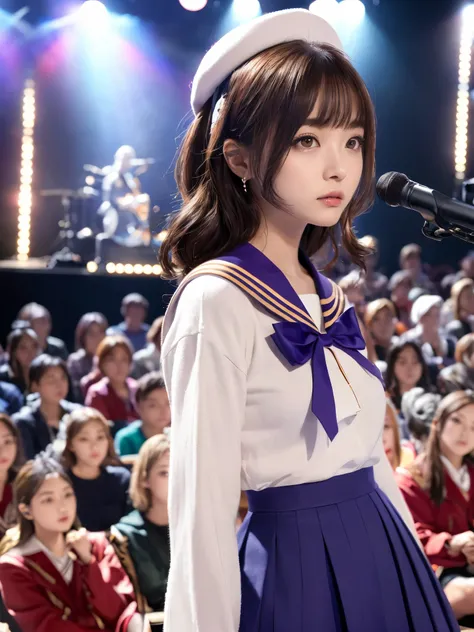 White base with purple-red sailor suit、tulle skirt、23 years old, perform on stage, concert photos, cute core、(bob hair)、(((watching the audience)))、ribbon on head、（自然でdetailed face立ち、beautiful and detailed eyes、beautiful and dense lips、very detailed eyes、d...