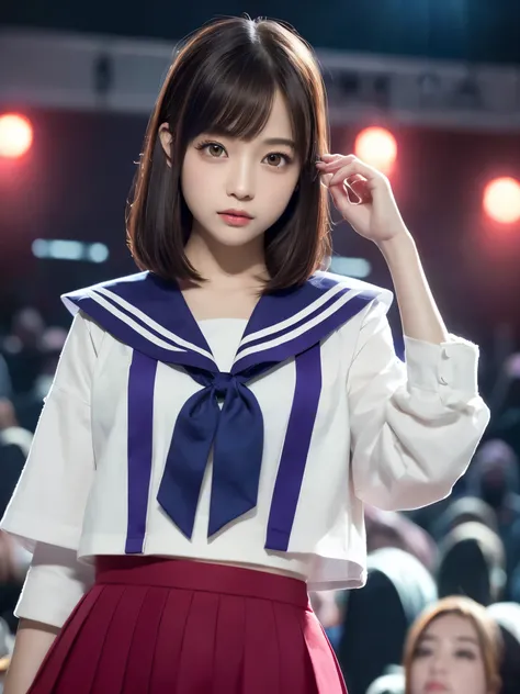 White base with purple-red sailor suit、tulle skirt、23 years old, perform on stage, concert photos, cute core、(bob hair)、(((watching the audience)))、ribbon on head、（自然でdetailed face立ち、beautiful and detailed eyes、beautiful and dense lips、very detailed eyes、d...