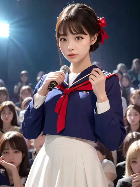 White base with purple-red sailor suit、tulle skirt、23 years old, perform on stage, concert photos, cute core、(bob hair)、(((watching the audience)))、ribbon on head、（自然でdetailed face立ち、beautiful and detailed eyes、beautiful and dense lips、very detailed eyes、d...