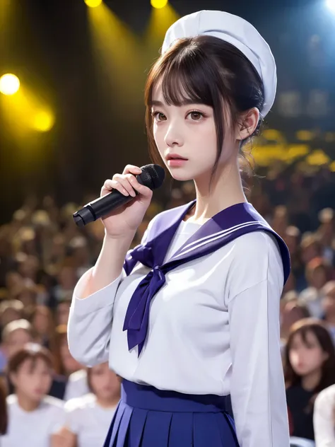 White base with purple-red sailor suit、tulle skirt、23 years old, perform on stage, concert photos, cute core、(bob hair)、(((watching the audience)))、ribbon on head、（自然でdetailed face立ち、beautiful and detailed eyes、beautiful and dense lips、very detailed eyes、d...