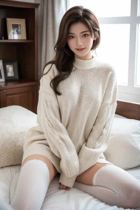 vordergrund: a beautiful Asian woman, age 18, nasses, welliges Haar im Wind. shes a men magazine model, She has a subtle smile and flirts with the camera, No underwear, just a white wool sweater and knee-high stockings),sie posiert auf dem bett im schlafzi...