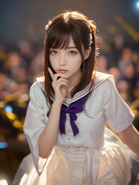 White base with purple-red sailor suit、tulle skirt、23 years old, perform on stage, concert photos, cute core、(bob hair)、(((watching the audience)))、ribbon on head、（自然でdetailed face立ち、beautiful and detailed eyes、beautiful and dense lips、very detailed eyes、d...