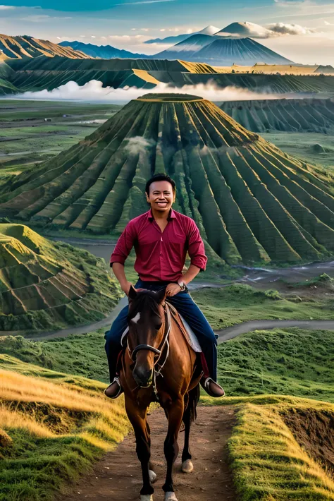 an Indonesian MAN, posing while riding a HORSE, on a stretch of green grass, Mount Bromo background, super realistic, super 4k