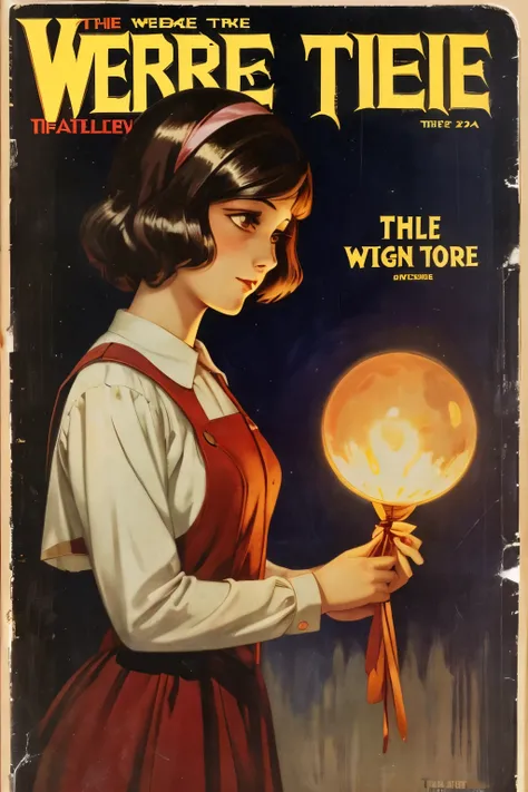 cover mistery magazine weird tale full lenght girl, cute face full lenght , girl pose for cover horror magazine weird tale , magazine age 1933, high quality,