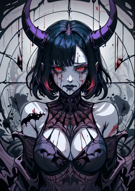 Ambilight, masterpiece, ultra-high quality, (Ultra detailed original illustration), Beautiful Girl, Upper body, Horns, ((Evil Fashion)), Crying Blood, Splash, Blood Dress, (Double Exposure, Fussion of Fluid Abstract art, Glitch, 2D), (Gothic Oiginal illust...