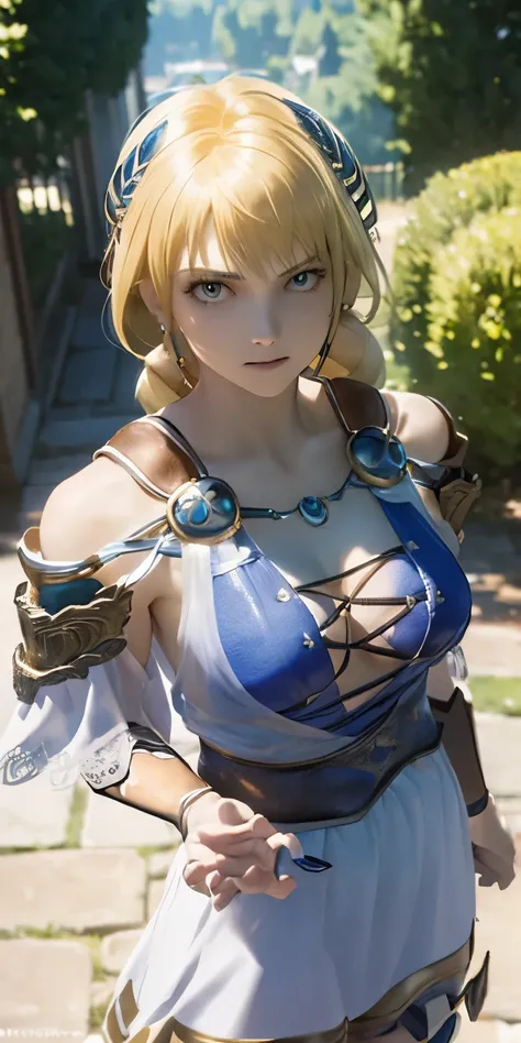 (masterpiece, best quality:1.3), Sophitia Alexandra, Soul Calibur, (upper body:1.5), 24 years old, looking at viewer, gold hair, braid hair,  (evil look, looks down on viewer:1.5), 