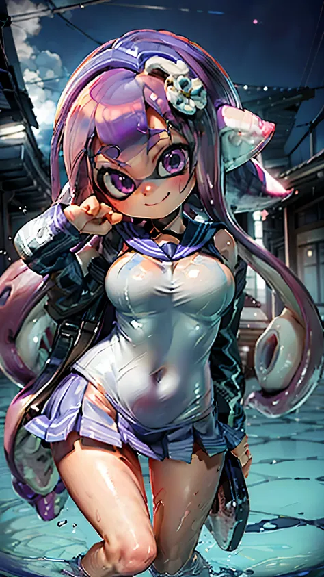 Splatoon girl 、((super big breasts))、fua、purple tentacle hair、wide open smile、((Pose that emphasizes the breasts、Sexy dynamic pose))、Japanese high school girls&#39; uniforms、((white sailor suit))、micro mini skirt、cheek、Lipstick、big and cute eyes、beautiful ...