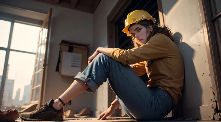 A construction worker，Service de protection du travail，casque，Une seule jambe levée，Frottez-vous les pieds，longs pantalons，In the early evening，dortoir，In front of the window，Anguished look 