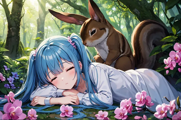 light blue long hair、Beautiful girl with twin tails and small characters、bright forest、sunlight filtering through the foliage、Lying comfortably in a forest full of orchid flowers、sleepy face、Cute squirrels and rabbits are also included