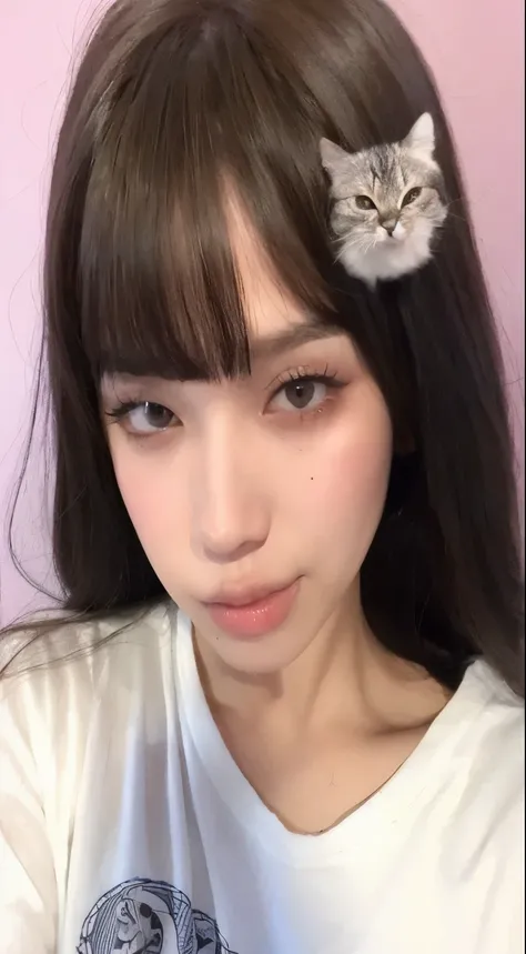 araffe con un gato en la cabeza y una camisa blanca, nekomimi, very beautiful cute Cat Girl, Cara de gato, kiko mizuhara, Lalisa Manobal, chica gato atractiva, Yoshitomo Nara, shikami, flequillo esponjoso, con cara linda - fina, mujer / cat hybrid, Cat Gir...