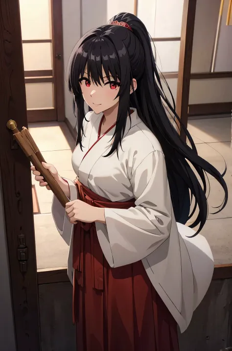 black hair,red eyes in miko clothes cleaning the entrance of the temple, , long hair, ponytail, white robe, (red hakama;1.45), s...