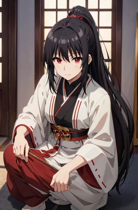 black hair,red eyes in miko clothes cleaning the entrance of the temple, , long hair, ponytail, white robe, (red hakama;1.45), s...