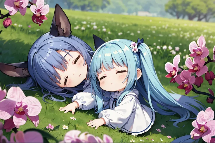 light blue long hair、Chibi character with twin tails、Lying with a sleepy face in a meadow full of orchid flowers、Cute squirrels and rabbits are also included