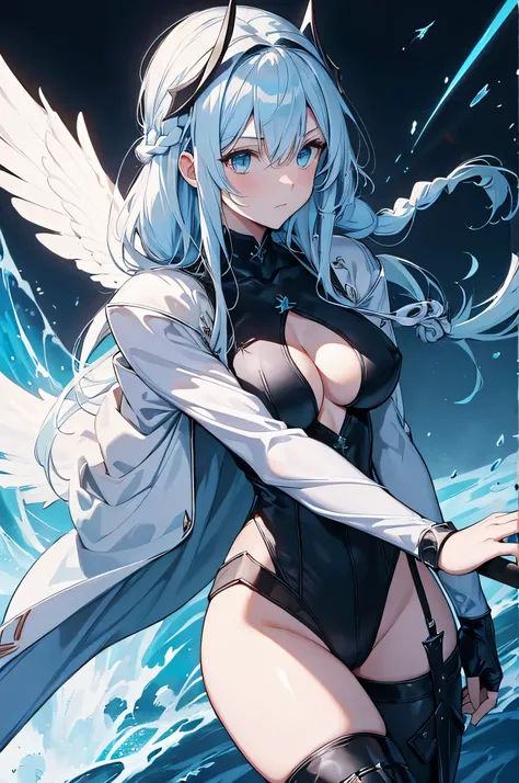 4k,High resolution,one woman,White light blue hair,long hair,Braid,big breasts,swordsman,black leotard armor,Winged headgear,big sword,medieval town