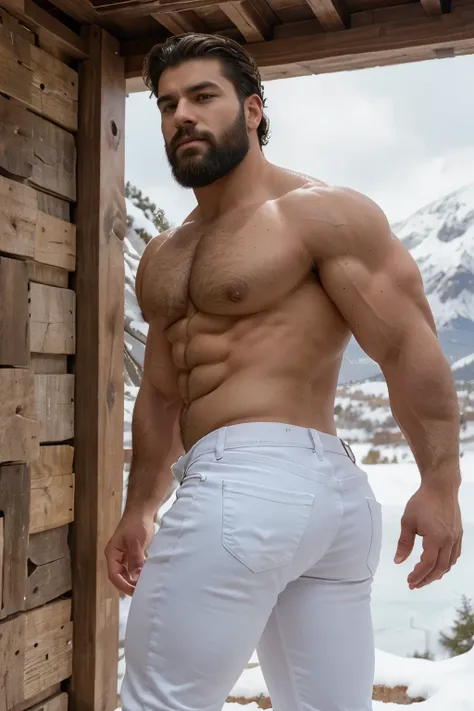 An illustration of a Greek god with a muscular build and a thick beard............., designed in modern western attire.............  His expression is confident and charming............., con un atisbo de sonrisa. The setting is a snowy mountain..............