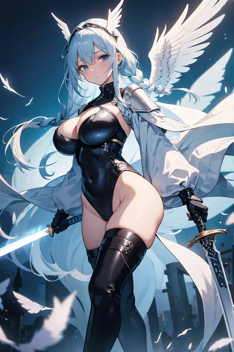 4k,High resolution,one woman,White light blue hair,long hair,Braid,big breasts,swordsman,black leotard armor,Winged headgear,big sword,medieval town