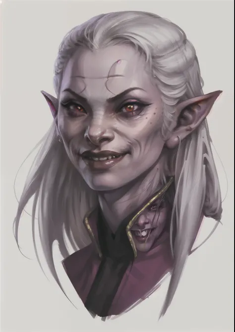 rpp, portrait of a female tiefling rogue, illustration, concept art, pretty asian, albino, small fangs, smirking