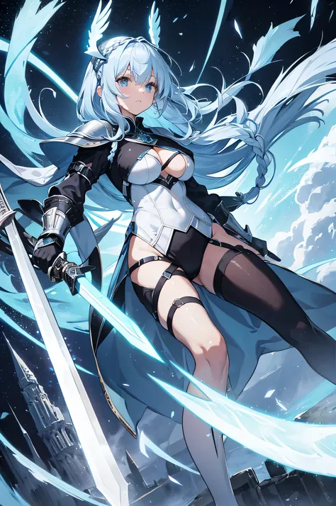 4k,High resolution,one woman,White light blue hair,long hair,Braid,big breasts,swordsman,black leotard armor,High leg,Winged headgear,big sword,medieval town