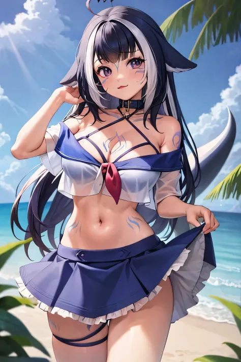 (masterpiece), (ultra-detailed), best quality, 8k, 1girl, solo, beach, ocean, shylilyfirst, :3, large breasts, cleavage, skirt, shirt, bikini, bikini under clothes, off-shoulder, see-through, see-through shirt, thigh strap, navel, sailor collar, , halterne...