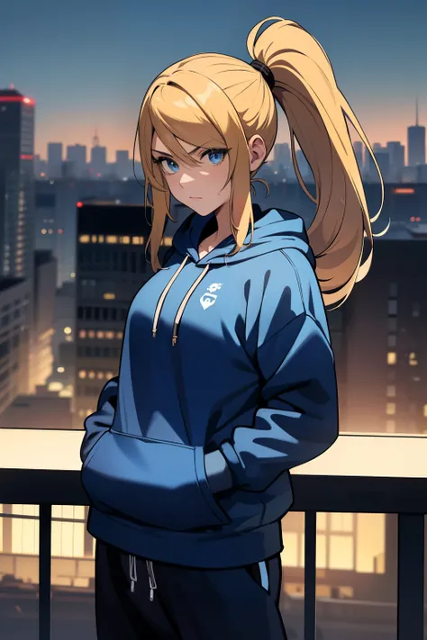 masterpiece, best quality, samus aran, ponytail, hair tie, blue hoodie, black sweatpants, looking at viewer, city background, cowboy shot