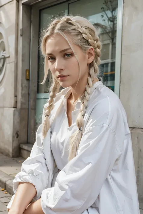 (best quality,masterpiece:1.2),white hair,golden eyes,white clothing,searching,full body,hair lock,white skin,side braids, in the street