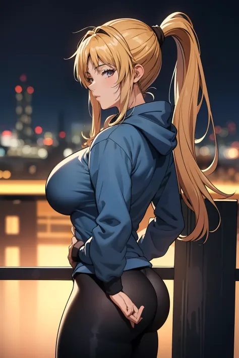 masterpiece, best quality, kaori saeki, ponytail, hair tie, blue hoodie, tight black yoga pants, athletic curves, tight ass, lar...