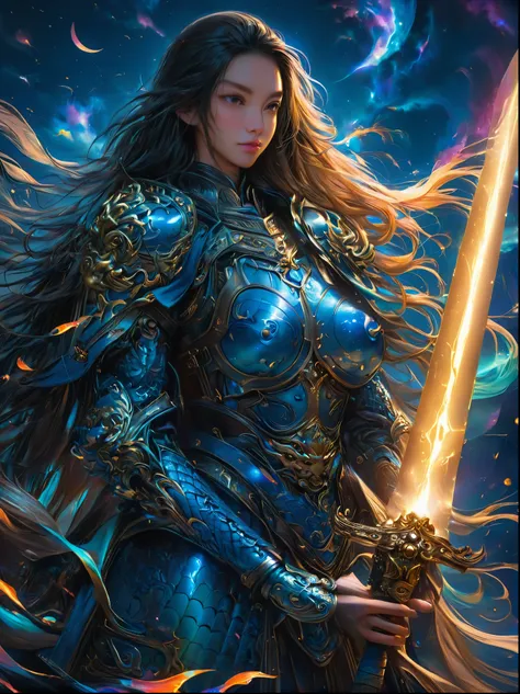 masterpiece，Realistic，Deep color，blue tint，Surrealism, Star光环, In the bright embrace of the moonlight serenade，(Chinese armor)，gentle beautiful girl，(The girl holds a sword in her hand)，Women&#39;s Armor，solo，pauldron，helmet，Chinese city background，blue sk...