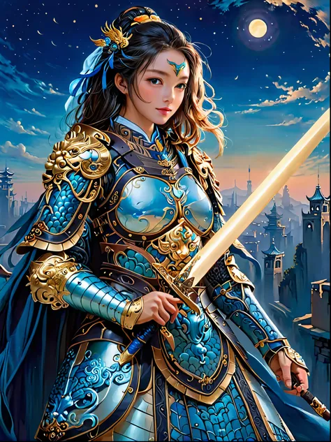 masterpiece，Realistic，Deep color，blue tint，Surrealism, Star光环, In the bright embrace of the moonlight serenade，(Chinese armor)，gentle beautiful girl，(The girl holds a sword in her hand)，Women&#39;s Armor，solo，pauldron，helmet，Chinese city background，blue sk...