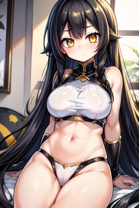 long hair long hair long hair long hair long hair black hair yellow eyes pale skin muscular large breasts girl looking at viewer sad