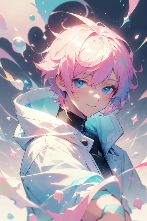 masterpiece, highres, best quality, solo, 1 male, short hair, pink hair, blue eyes, white coat, smile facial, pastels, candy