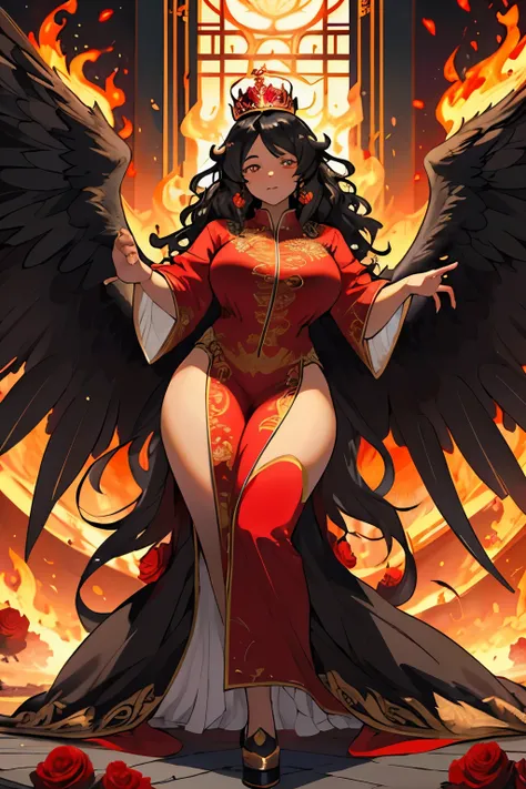 Black Phoenix , beautiful female, chubby, flames on body, huge wings, wavy hair, flames, fire, in gardens of roses, supreme royal attire, massive wings, black wings, crown, inside palace, wide hips