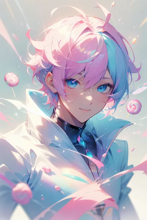 masterpiece, highres, best quality, solo, 1 male, short hair, pink hair, blue eyes, white coat, smile facial, pastels, candy